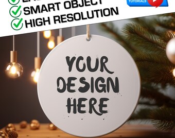 Christmas Ornament Mockup: Round Ceramic, PSD Smart Object (Digital Download)