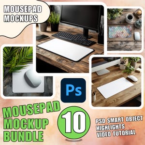 Könnte beinhalten: Ein Mockup-Paket mit 10 Mauspads mit weißem Hintergrund. Die Mauspads werden auf verschiedenen Holztischen mit einem Computer, einer Tastatur und anderen Büroartikeln gezeigt. Der Text "Mousepad Mockup Bundle 10" ist in Grün und Weiß dargestellt. Der Text "PSD Smart Object Highlights Video Tutorial" ist in Schwarz und Weiß dargestellt.