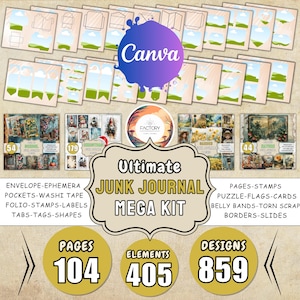 Kit de diário de lixo Canva Modelo de diário de lixo Canva Kit de molduras Canva Modelo de páginas de diário de lixo Canva Ephemera Modelo de guias de diário faça você mesmo