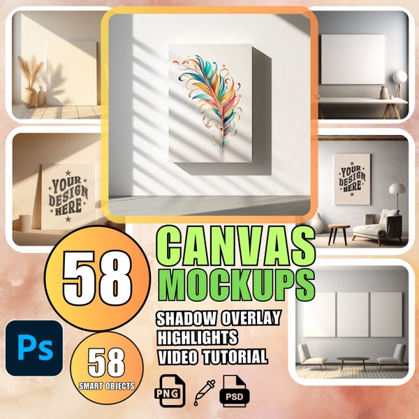 58 WallArt Canvas Mockup Bundle PSD Canvas Poster Mockup Wallart Boho Canvas Mockup Boho Poster Mock up Poster Canvas Mockup + Tutorial