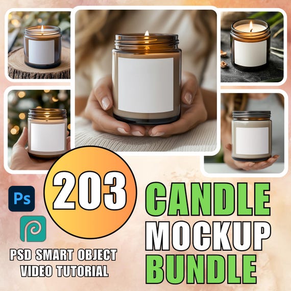203 Candle Mockup Bundle: JPG & PSD Templates (Digital Download)