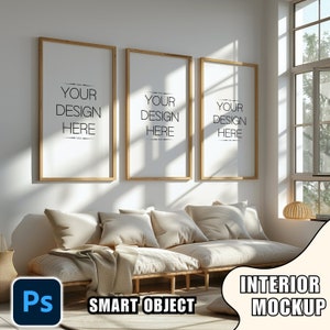 Set of 3 Frame Mockup psd Wallart Mockup set of 3 PSD Frame Mockup Boho Minimalist Wooden Frame Template Perspective Angle Frame Mockup