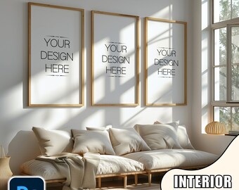Set of 3 Frame Mockup: Boho Wooden Wall Art (PSD)