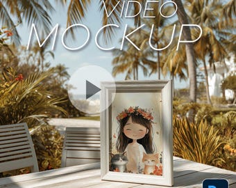 May include: A white framed video mockup with the text "VIDEO MOCKUP" in a tropical setting. The frame displays an illustration of a girl with a flower crown and two cats. The scene is set on a wooden table with palm trees in the background.
