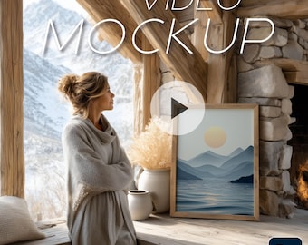 May include: A framed landscape art print with a light wood frame, depicting a mountain and lake scene with a yellow sun. The words "VIDEO MOCKUP" are in white, above a woman in a neutral-colored sweater. A play button is visible.