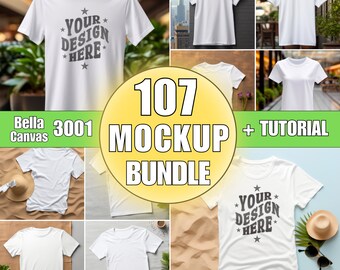 107 White Bella Canvas 3001 T-Shirt Mockups: Canva & Photoshop (JPG + Tutorial)