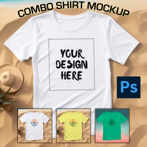 Op de afbeelding: Witte, gele en groene T-shirts met een kleurrijk bloemenontwerp op een zandstrandachtergrond. De tekst "YOUR DESIGN HERE" staat op het witte T-shirt. De afbeelding bevat het Photoshop-logo.