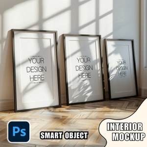 Set of 3 Frame Mockup psd Wallart Mockup set of 3 PSD Frame Mockup Boho Minimalist Wooden Frame Template Perspective Angle Frame Mockup
