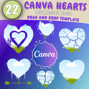 Op de afbeelding: Een set van 22 hartgrafieken met een verweerde rand voor Canva. De harten zijn in verschillende stijlen, waaronder gebarsten, met druipende verf en omlijnd. De graphics zijn perfect om een ​​unieke touch aan je ontwerpen toe te voegen.