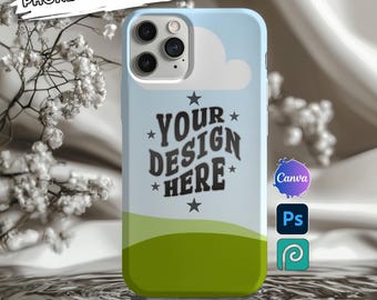 May include: A blue phone case mockup with a white cloud and green grass design. The text "YOUR DESIGN HERE" is printed on the case.