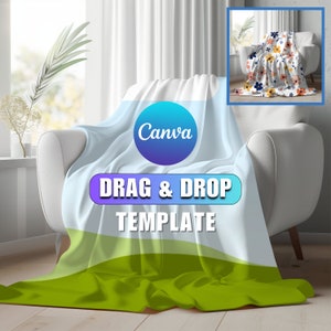 May include: A white armchair with a light blue and green throw blanket. The blanket has a Canva logo and the text "DRAG & DROP TEMPLATE".