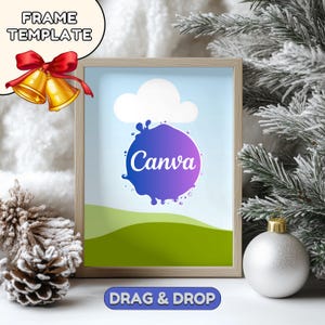 May include: A light brown picture frame with a white cloud and a purple splatter design with the word "Canva" in white text. The text "DRAG & DROP" is in blue text on a blue button below the frame.
