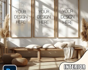 Boho Interior: 3 Frame Wall Art Mockup (PSD)