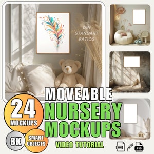 May include: 24 movable nursery mockups in a variety of scenes, including a room with a teddy bear, a room with a cot, and a room with a window. The mockups are 8K resolution and include smart objects. A video tutorial is also included.