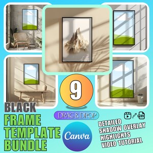 DRAG & DROP Frame Template Canva Black Frame Mockup Bundle Canva Wallart Mockup Bundle Frame Template Art Print Mockup Canva + Tutorial