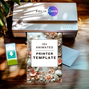 May include: A white printer with a phone displaying a download icon and a printable template with the text "iOS ANIMATED PRINTER TEMPLATE" on a white background with a seashell design.