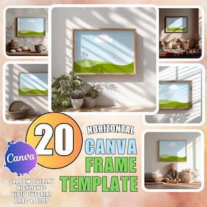 Könnte beinhalten: Eine Sammlung von 20 horizontalen Canva-Rahmenvorlagen. Jeder Rahmen zeigt eine Landschaft mit blauem Himmel, weißer Wolke und grünen Hügeln, eingefasst in einen Holzrahmen. Der Text "HORIZONTAL CANVA FRAME TEMPLATE" ist enthalten.