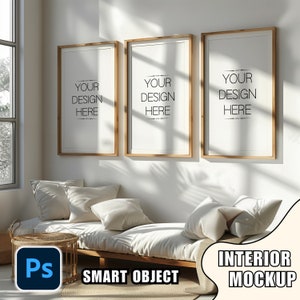 Set of 3 Frame Mockup psd Wallart Mockup set of 3 PSD Frame Mockup Boho Minimalist Wooden Frame Template Perspective Angle Frame Mockup