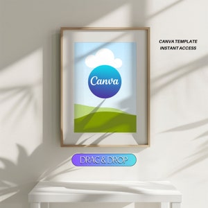 Könnte beinhalten: Eine gerahmte Illustration einer blauen und grünen Landschaft mit einer weißen Wolke und dem Wort "Canva" in einem blauen Kreis. Der Text "CANVA TEMPLATE INSTANT ACCESS" befindet sich in der oberen rechten Ecke des Bildes. Der Text "DRAG & DROP" befindet sich auf einem blauen und violetten Knopf unter dem Rahmen.