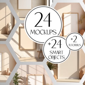 Puede incluir: Un conjunto de 24 maquetas de marcos de fotos con objetos inteligentes, más 2 tutoriales. Las maquetas presentan una variedad de marcos de diferentes tamaños y orientaciones, todo sobre un fondo neutro.