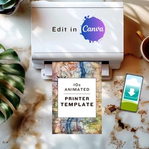 May include: A printer printing a printable template for an iOS animated printer. The template features a vintage map design with a compass and a lighthouse. The text on the template reads "iOS ANIMATED PRINTER TEMPLATE".