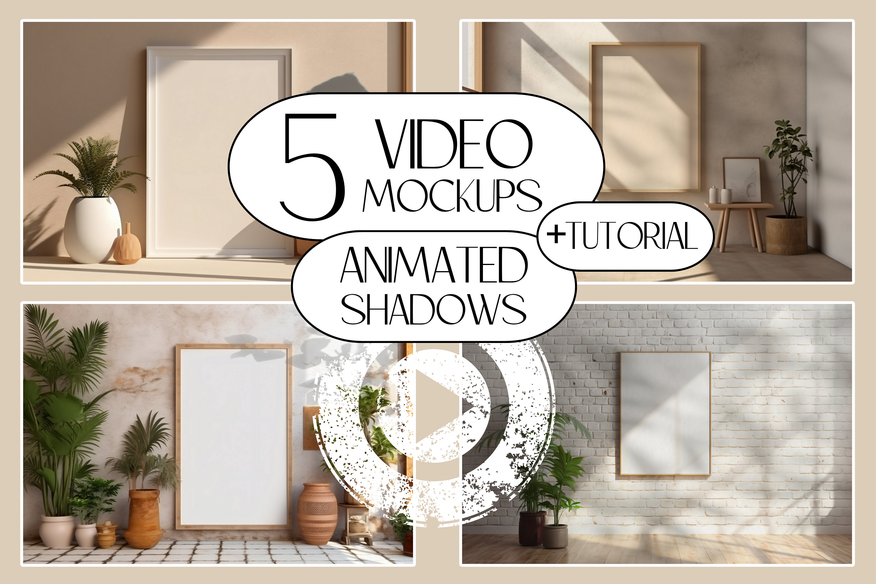 5x Video Rahmen Mockup Bundle animierter Rahmen Schatten Overlay, Wandrahmenanimation, PSD / Mp4 animierter Vorlagenrahmen + VIDEO TUTORIAL