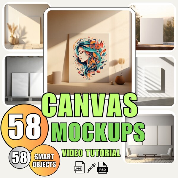 58 WallArt Canvas Mockup Bundle PSD Canvas Poster Mockup Wallart Boho Canvas Mockup Boho Poster Mock up Poster Canvas Mockup + Tutorial