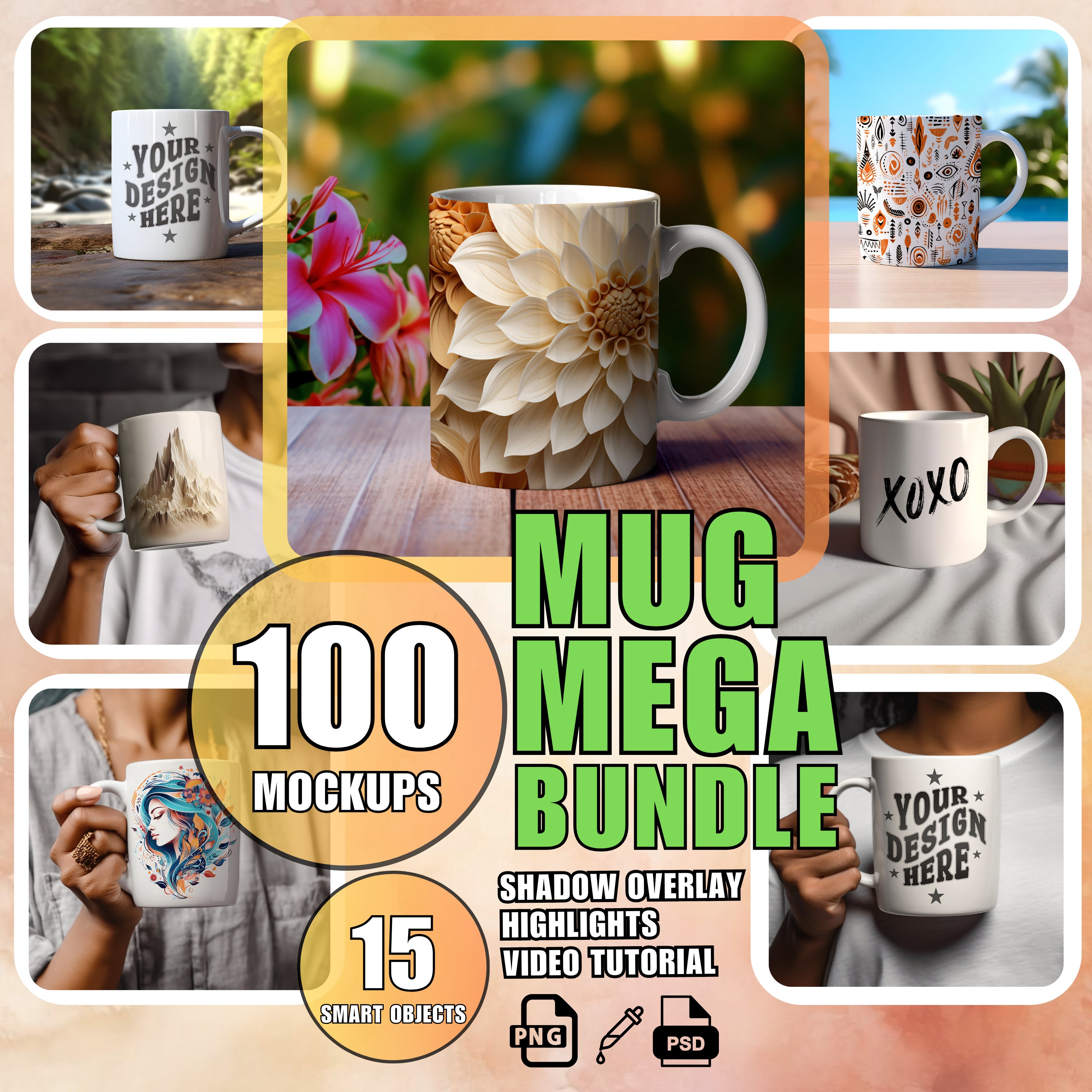 100 Ceramic Mug Mockup Bundle: 15 PSD + 100 PNG (Digital Download)