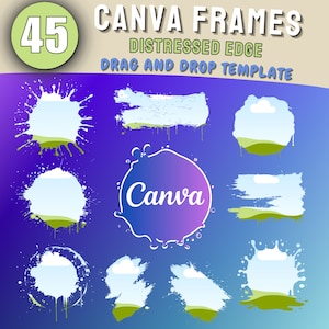 May include: A set of 45 Canva frames with distressed edges. The frames are in various shapes, including circles, squares, and rectangles. The frames are white with a blue and green background. The text "Canva Frames" and "Distressed Edge" is visible in the image.
