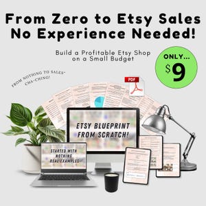 May include: An advertisement promoting an Etsy shop blueprint. The image features a laptop, desktop monitor, and tablet displaying the text "ETSY BLUEPRINT FROM SCRATCH!" and "STARTED WITH NOTHING REAL EXAMPLES". The text "From Zero to Etsy Sales No Experience Needed!" is also visible.