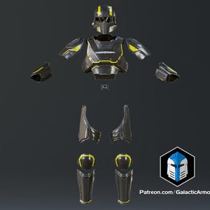 May include: A futuristic black and yellow armour set, shown in separate pieces. The set includes a helmet, chest piece, arm guards, shoulder pads, thigh guards, and knee guards. The armour has yellow detailing and is designed for sci-fi or cosplay.