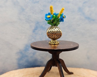 Oriental Style Brass Vase with  Blue Flowers and Yellow Spears Half Scale 1:24 1/2 Dollhouse Miniatures