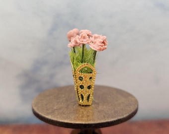 Golden Basket of Roses Hand Made Scale 1:24 1/2 Dollhouse Miniatures