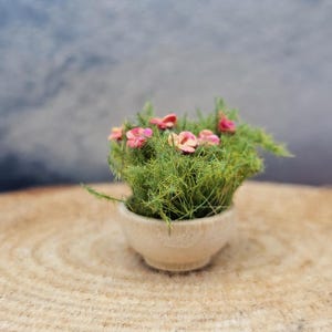 May include: A miniature potted plant with pink flowers and green foliage. The small, beige pot sits on a light brown, circular surface. The background is a blurred mix of blue and gray.