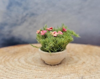 Flowers and Greenery in Wooden Pot Hand Made Scale 1:24 1/2 Dollhouse Miniatures