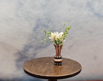 Dried White Flowers in Cooper Vase Hand Made Scale 1:24 1/2 Dollhouse Miniatures