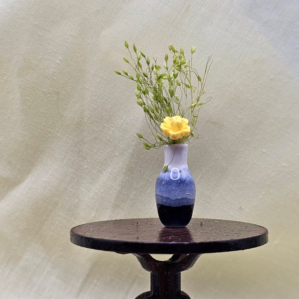 Blue Tone Ceramic Bud Vase with a Single Yellow Flower and Tall Greenery Hand Made Scale 1:24 1/2 Dollhouse Miniatures