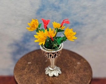 Vibrant Yellow Flowers with Red Accent in Silver VaseFlowers  Hand Made Scale 1:24 1/2 Dollhouse Miniatures