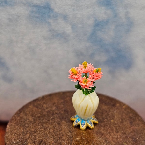 Faux Ivory Flower Vase with Bouquet of Pink Mums Half Scale 1:24 1/2 Dollhouse Miniatures
