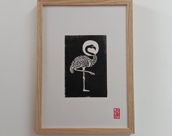 Lino print, A4, Flamingo