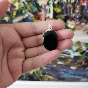 Black Obsidian Necklace Pendant, Polished Oval Gemstone, 1/4" Eyelet