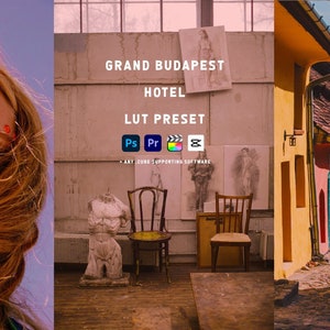 May include: A digital illustration of a colorful, old-world European town with a cobblestone street. The text "Grand Budapest Hotel LUT Preset" is displayed in the center of the image. The text "Ps Pr" is displayed below the main text, along with icons for Photoshop, Premiere Pro, and Final Cut Pro.