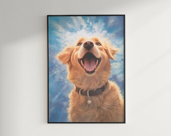 Happy Dog - Art réaliste pour les amoureux des animaux | Oeuvre numérique imprimable Golden Retriever | Téléchargement instantané | Cadeau de pendaison de crémaillère parfait, bleu