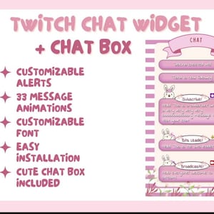 Twitch chat widget with integrated alerts + 2 matching chat boxes - Cute pink bunny theme customizable chat box