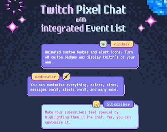Pixel Twitch Chat with Event List, Animated Badges, Emotes, Typewriter effect for StreamElements and OBS