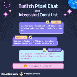 Pixel Twitch Chat with Event List, Animated Badges, Emotes, Typewriter effect for StreamElements and OBS