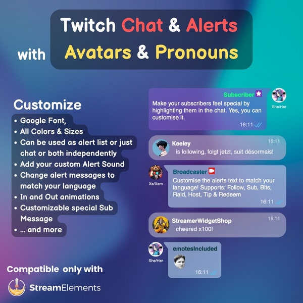 Flexible Twitch Chat with Avatars Alerts and Pronouns, Emotes, Typewriter effect for StreamElements and OBS