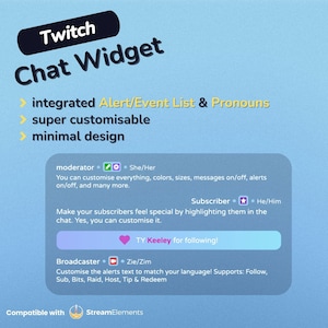 Minimal Twitch Chat with Event List and Pronouns, Emotes, Typewriter effect for StreamElements and OBS