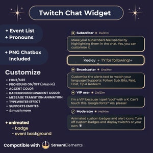 Twitch Chat with Animations, Events and Pronouns, Chat Box Included, Emotes, Custom Badges for StreamElements only