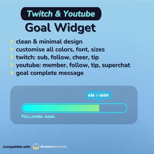 Minimal Goal Widget for Twitch or Youtube, sub, tips, bits and followers, StreamElements only